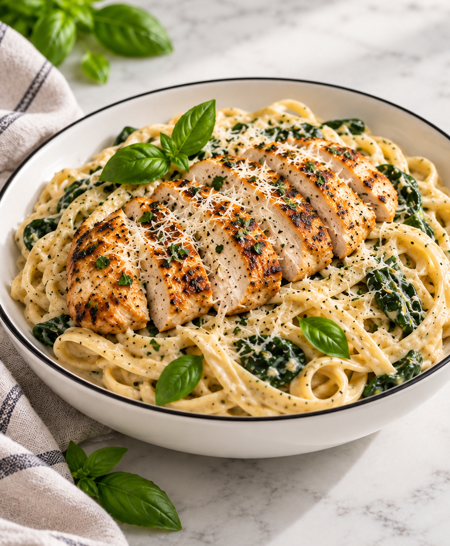 Bowl of creamy pasta with grilled chicken and spinach