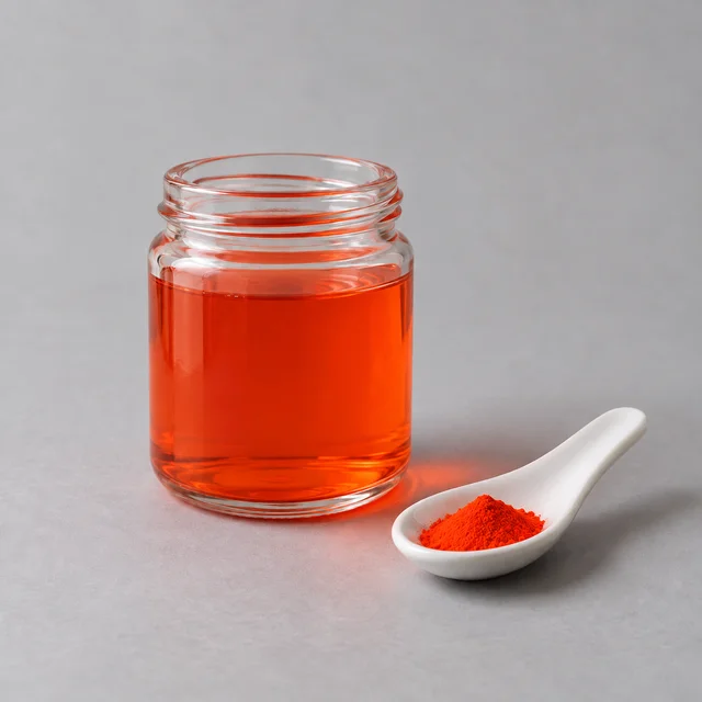 A small glass jar of water colored by Citrus Red 2 dye, with dry dye powder on a spoon