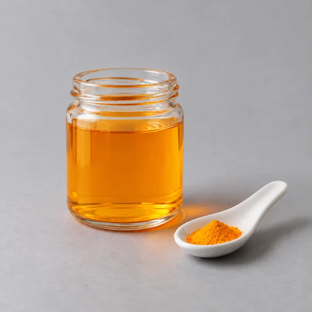 A small glass jar of water colored by Yellow 6 dye, with dry dye powder on a spoon