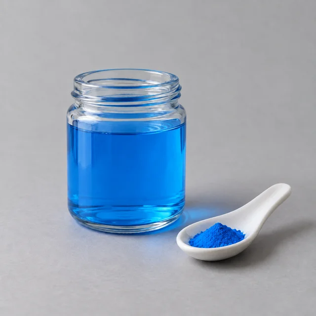 A small glass jar of water colored by Blue 1 dye, with dry dye powder on a spoon