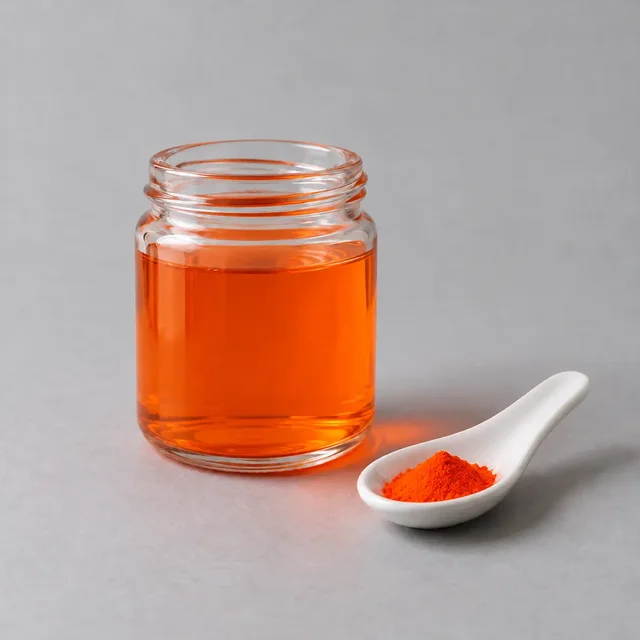 A small glass jar of water colored by Orange B dye, with dry dye powder on a spoon