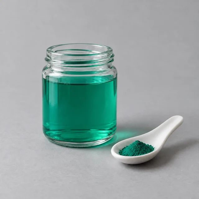 A small glass jar of water colored by Green 3 dye, with dry dye powder on a spoon