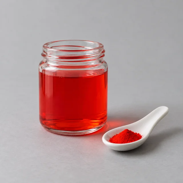 A small glass jar of water colored by Red 40 dye, with dry dye powder on a spoon