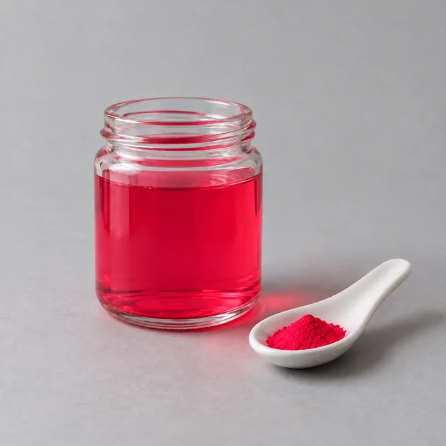 A small glass jar of water colored by Red 3 dye, with dry dye powder on a spoon