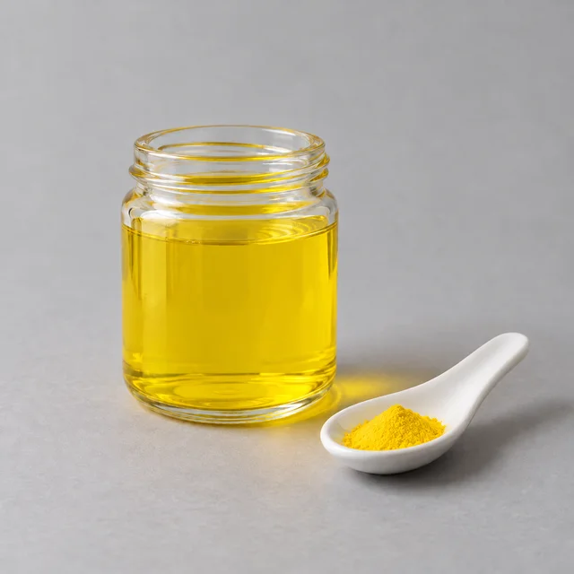 A small glass jar of water colored by Yellow 5 dye, with dry dye powder on a spoon