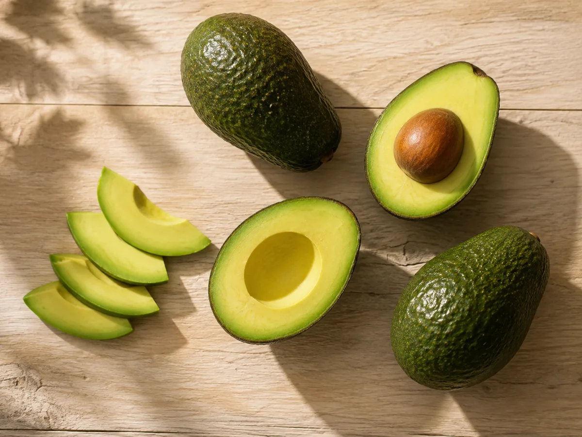 Ripe avocado halves on a wooden board for a blood pressure-friendly food guide.