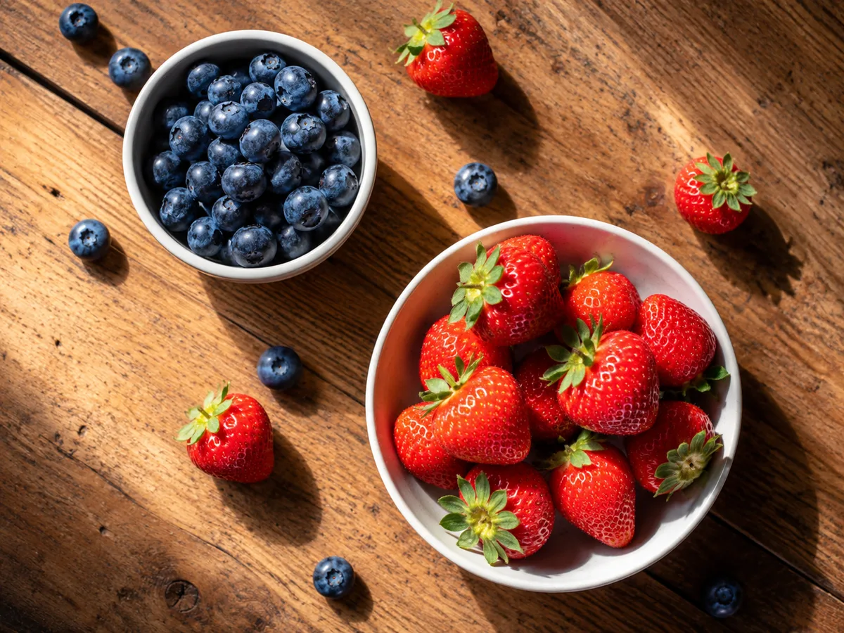 Fresh blueberries and strawberries in bowls for a blood pressure-friendly food guide.