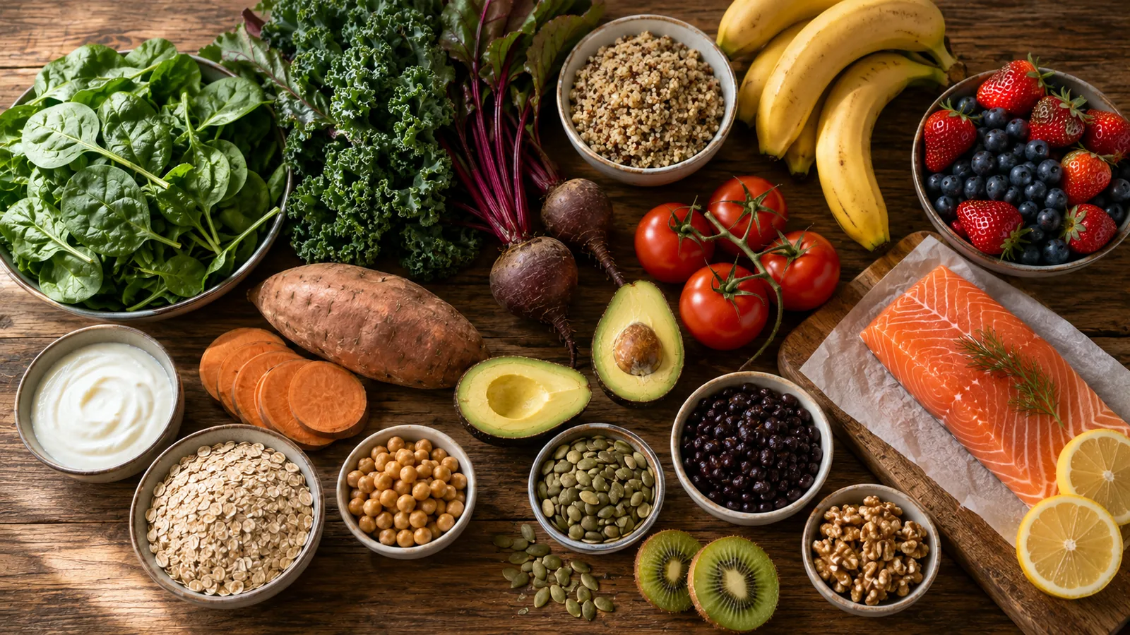 A spread of leafy greens, berries, beans, oats, avocado, nuts, seeds, and salmon for a blood-pressure-friendly food guide.