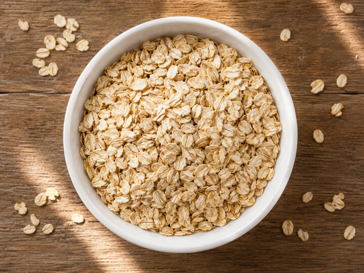 Plain rolled oats in a bowl for a blood pressure-friendly food guide.