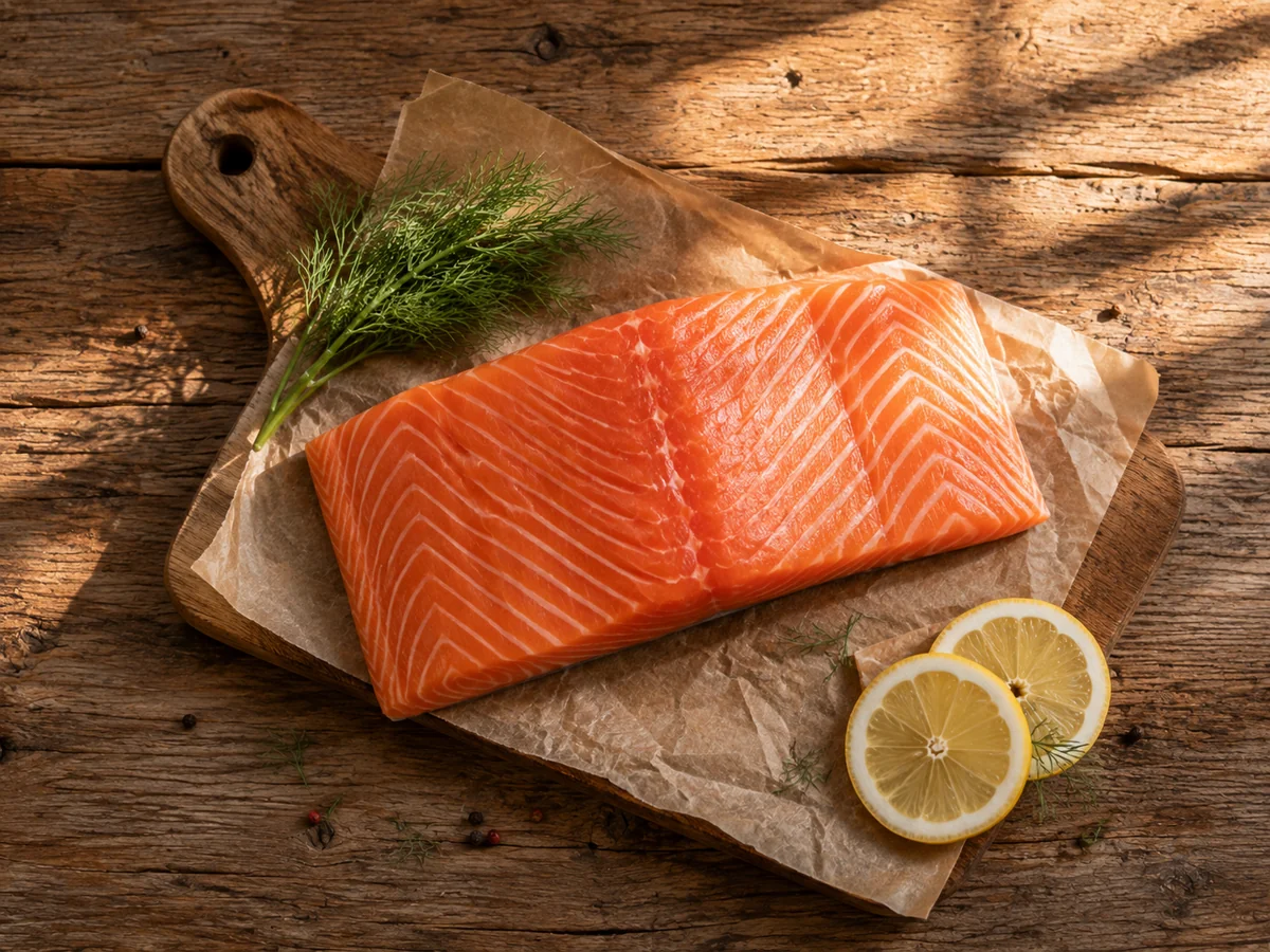 An uncooked fresh salmon fillet ready for cooking, with lemon and dill, for a blood-pressure-friendly food guide.