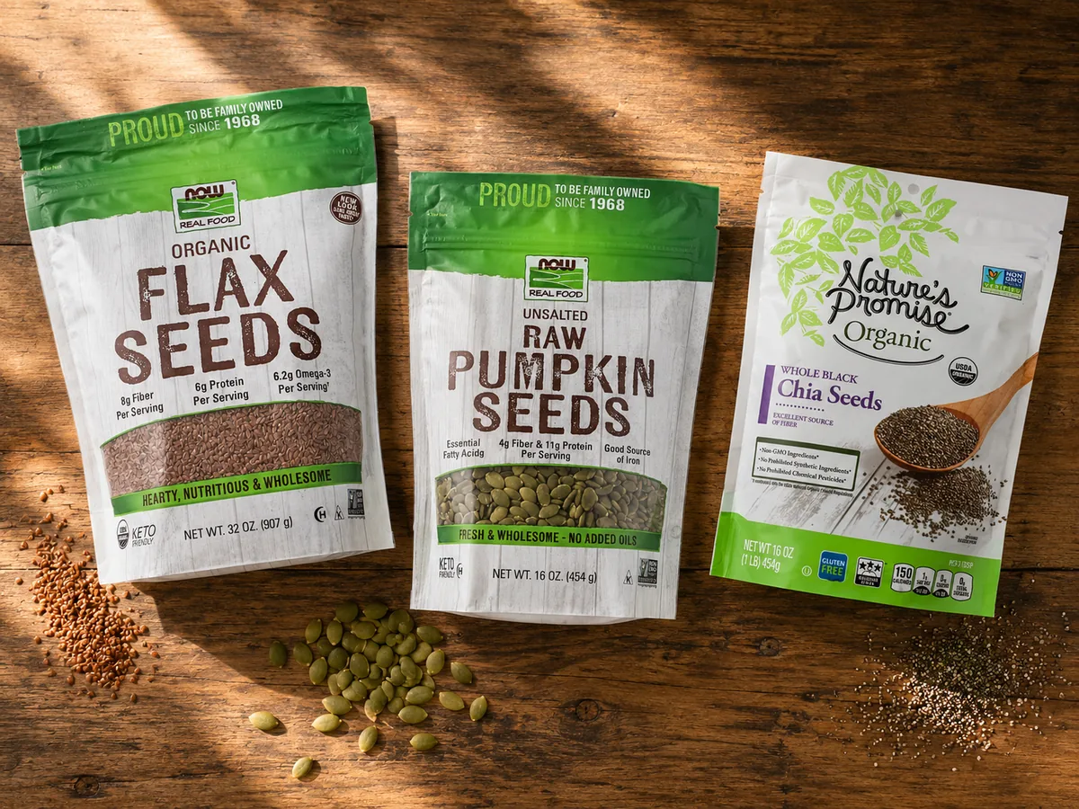 Chia seeds, flaxseeds, and pumpkin seeds in small dishes for a blood pressure-friendly food guide.