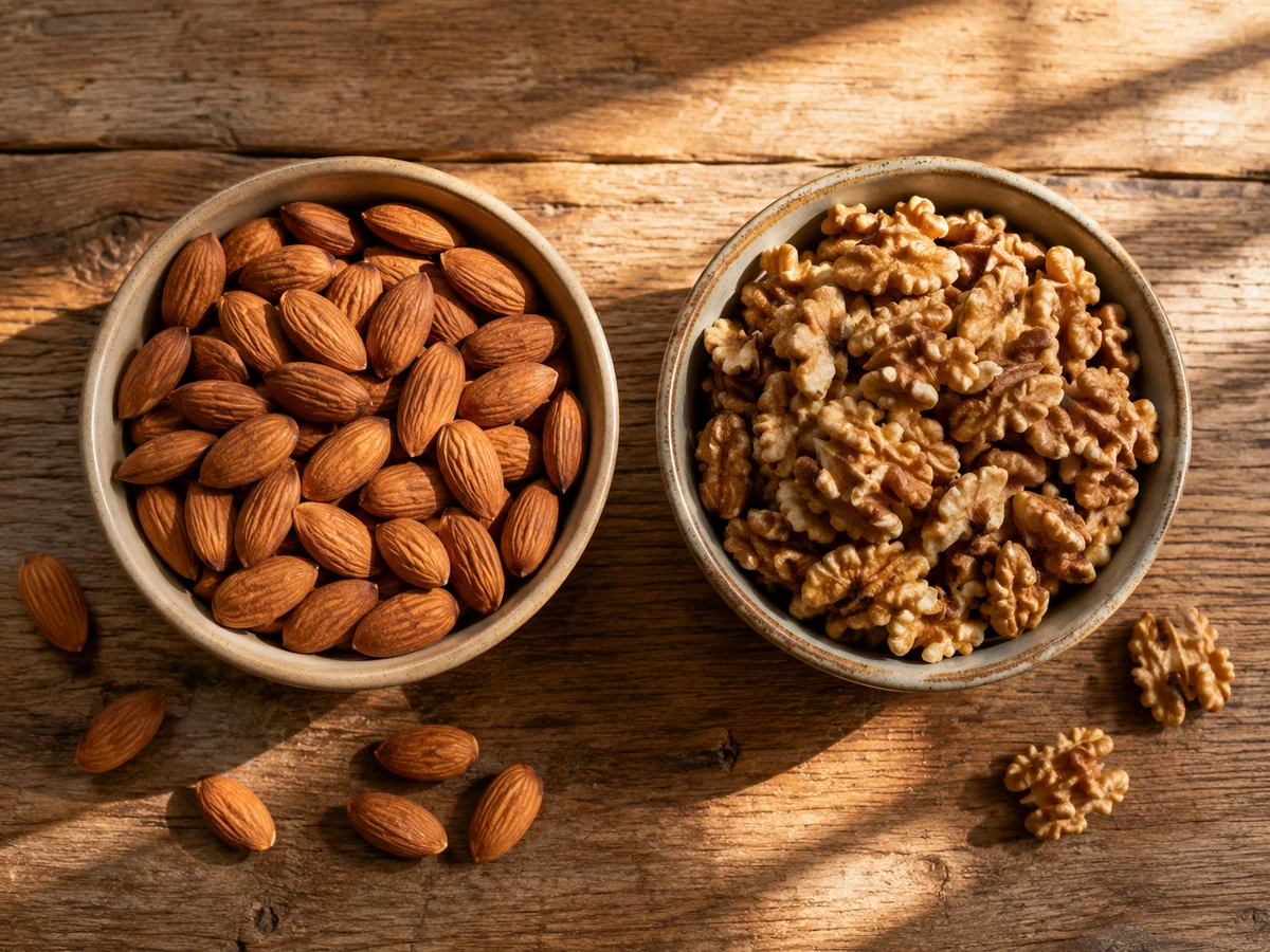 Unsalted almonds and walnuts in small bowls for a blood pressure-friendly food guide.
