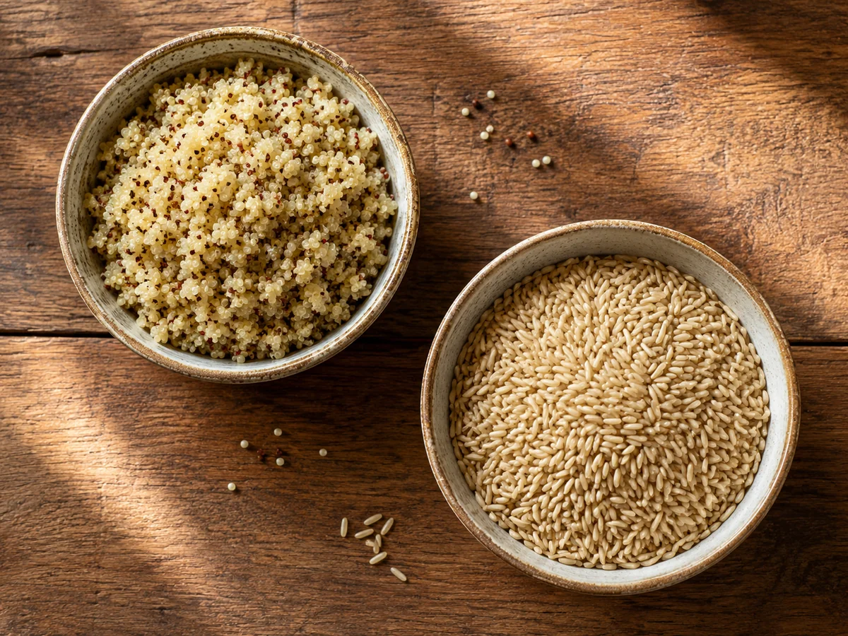 Cooked quinoa and brown rice in two bowls for a blood pressure-friendly food guide.
