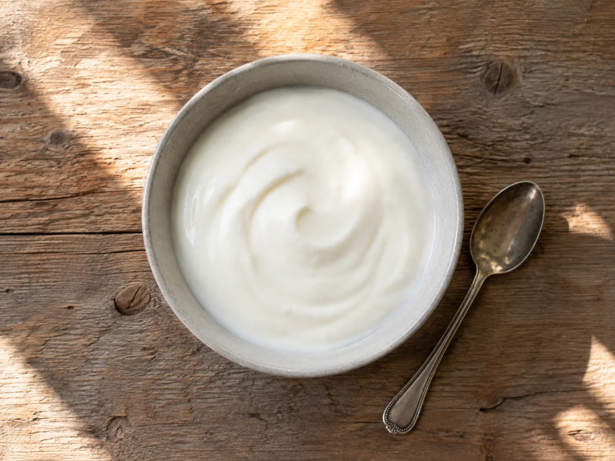 Plain low-fat yogurt in a bowl with a spoon for a blood pressure-friendly food guide.