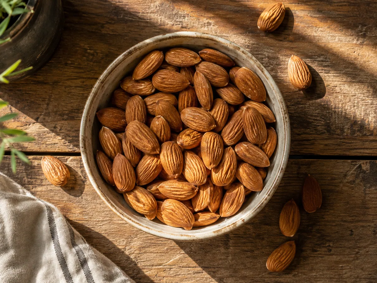 A ceramic bowl of whole raw almonds on a rustic wooden table with a few almonds scattered beside it.
