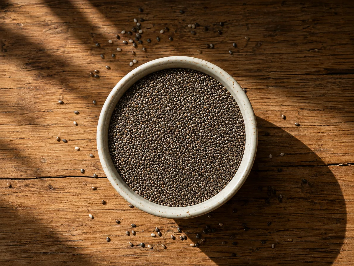 A shallow ceramic bowl filled with dry chia seeds on a sunlit rustic wooden table, with loose seeds scattered around it.