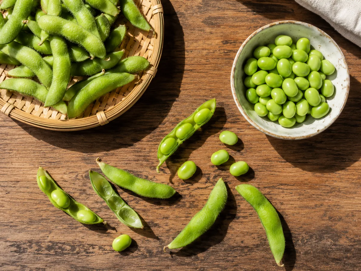A bamboo basket of fresh edamame pods beside a ceramic bowl of shelled green soybeans on a sunlit wooden table.