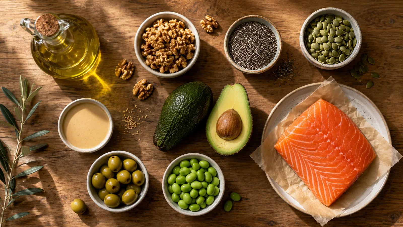 A spread of olive oil, avocado, walnuts, almonds, seeds, salmon, edamame, and olives for a healthy fat foods guide.