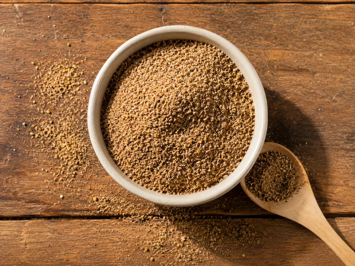A ceramic bowl of ground flaxseed meal on a wooden table beside a wooden spoon holding more flax meal.
