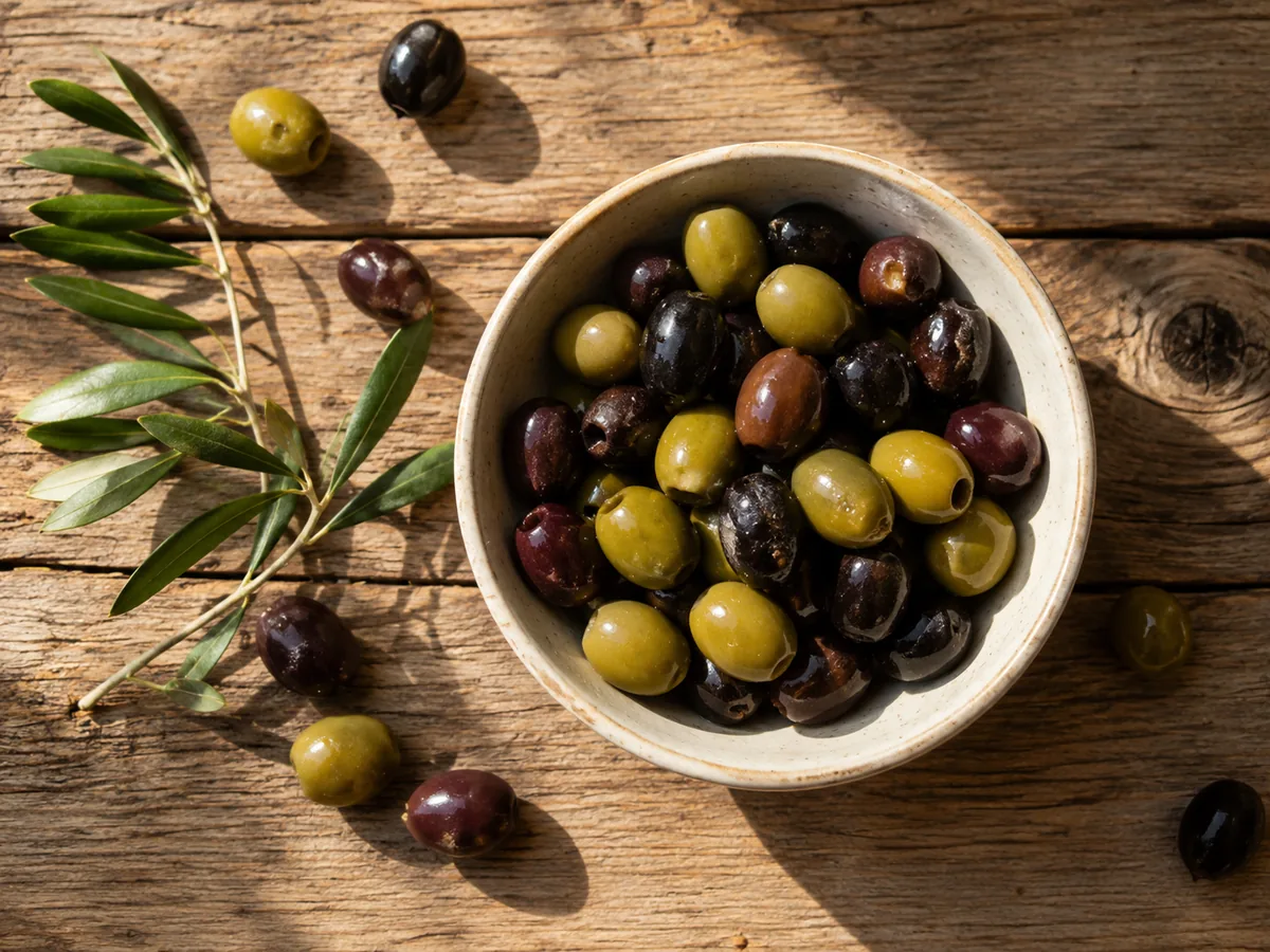 A speckled ceramic bowl of mixed green, black, and purple olives on a rustic wooden table with an olive branch alongside.