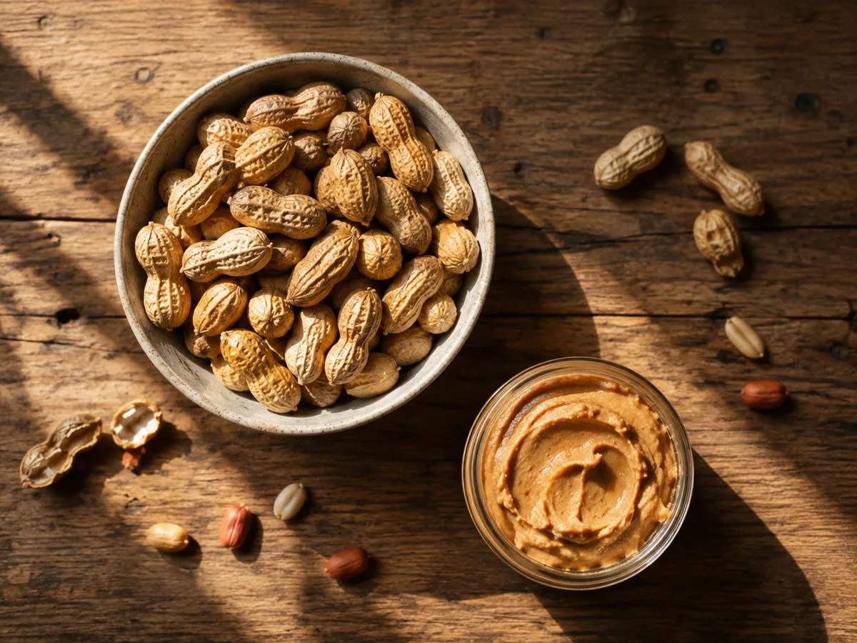 A bowl of in-shell peanuts beside a glass jar of swirled natural peanut butter on a wooden table.