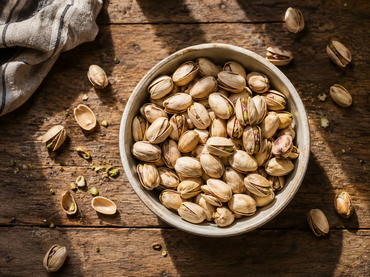 A ceramic bowl of in-shell pistachios on a sunlit wooden table with loose pistachios and empty shells nearby.