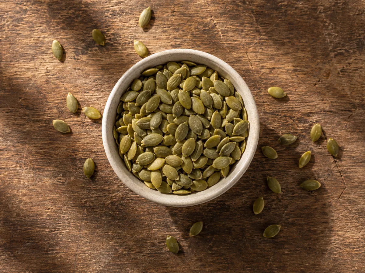 A ceramic bowl of green shelled pumpkin seeds, also called pepitas, on a rustic wooden table with seeds scattered nearby.