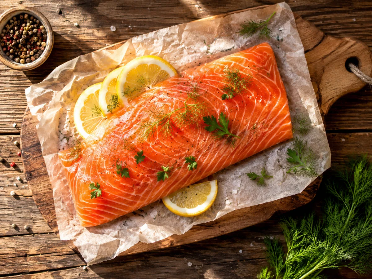 A raw salmon fillet on parchment with lemon slices, fresh dill, and peppercorns on a wooden board.