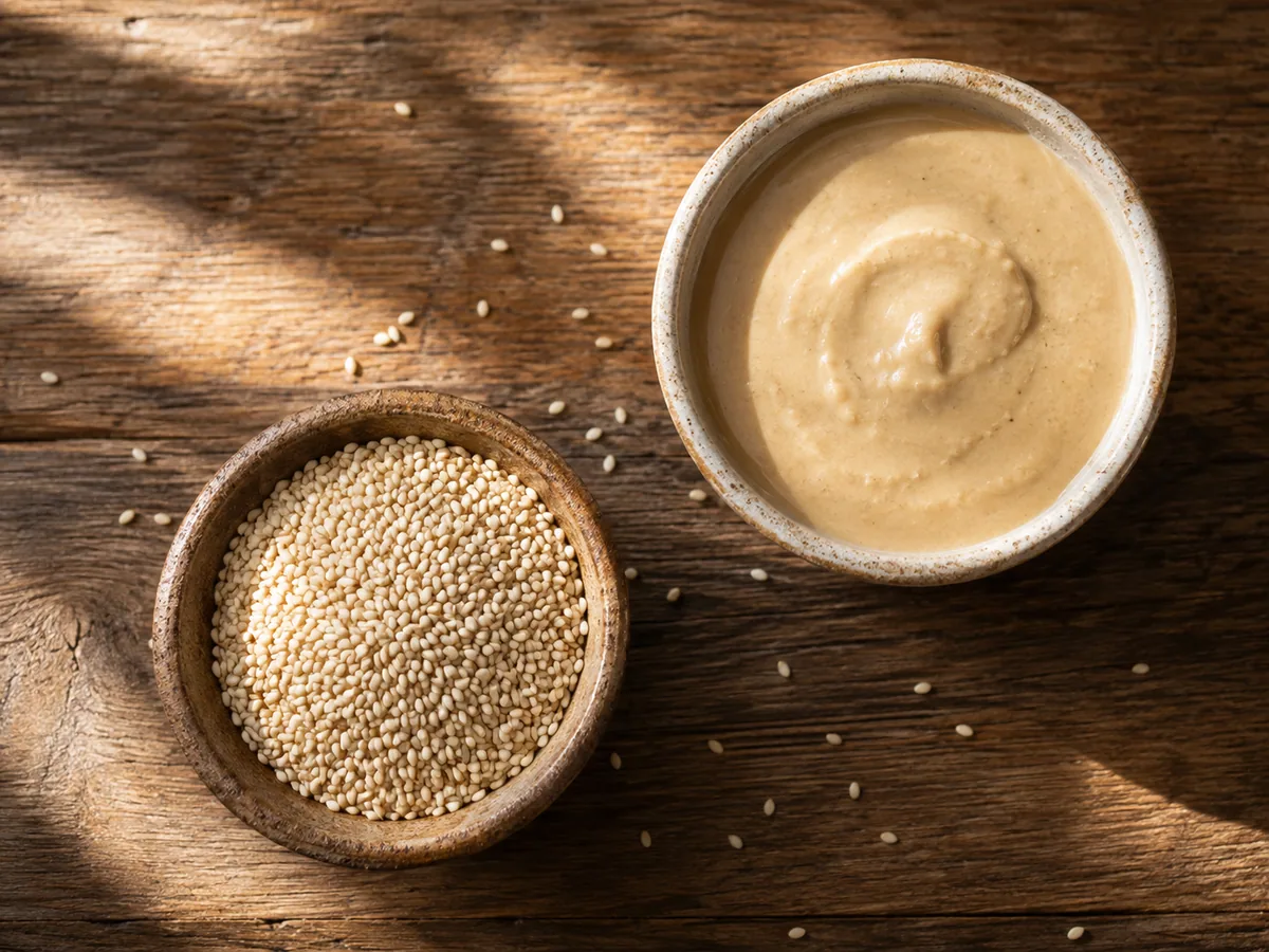 A small wooden bowl of white sesame seeds beside a speckled ceramic bowl of creamy tahini on a rustic wooden table.