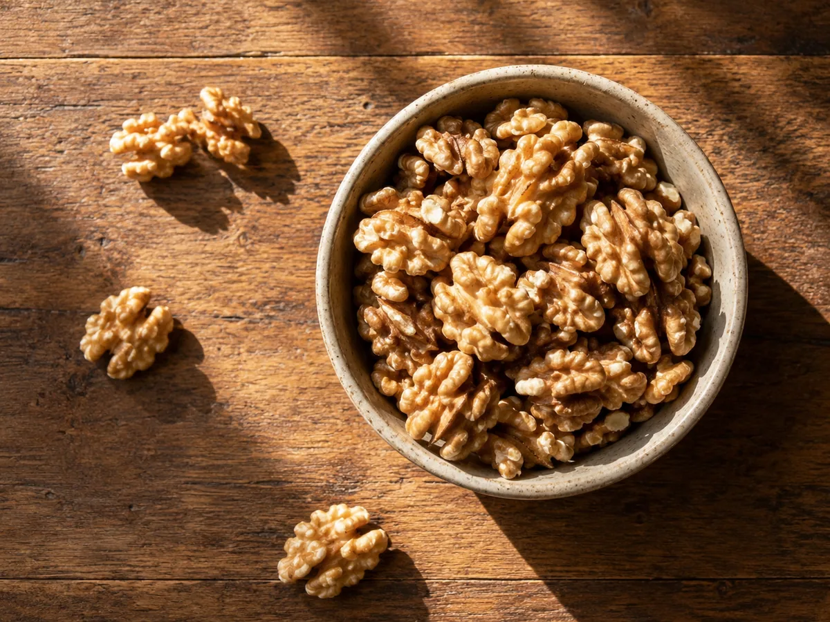 A ceramic bowl of shelled walnut halves on a wooden table with a few walnuts scattered beside it.