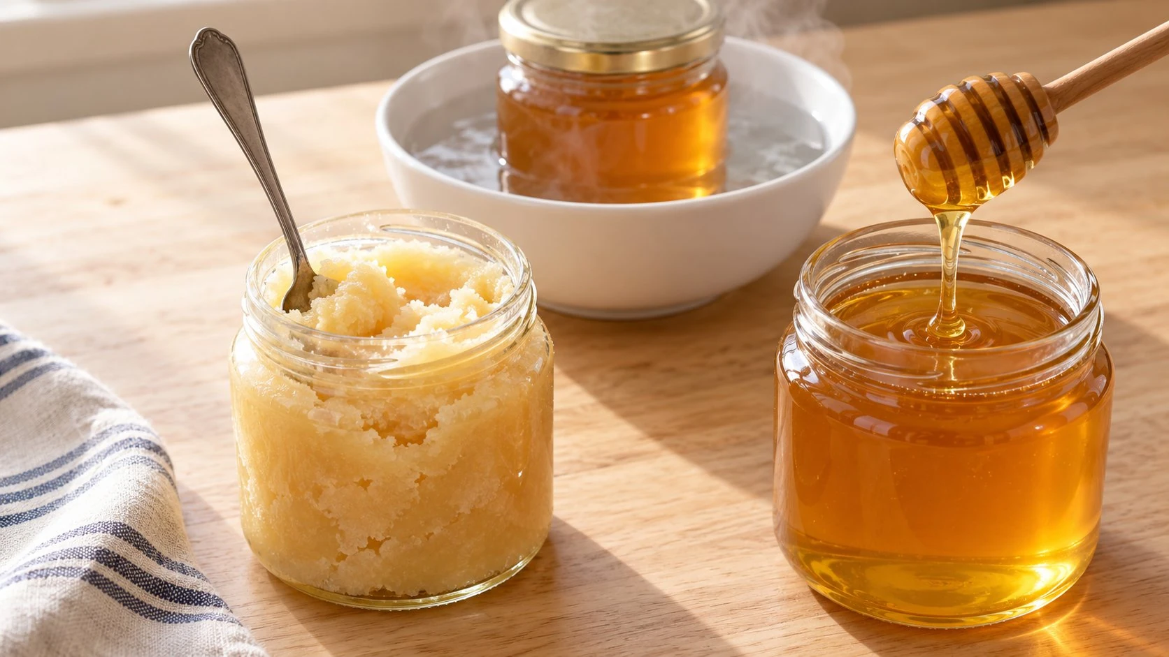 A jar of hard, crystallized honey next to a jar of runny honey, with a third jar warming in a bowl of hot water.