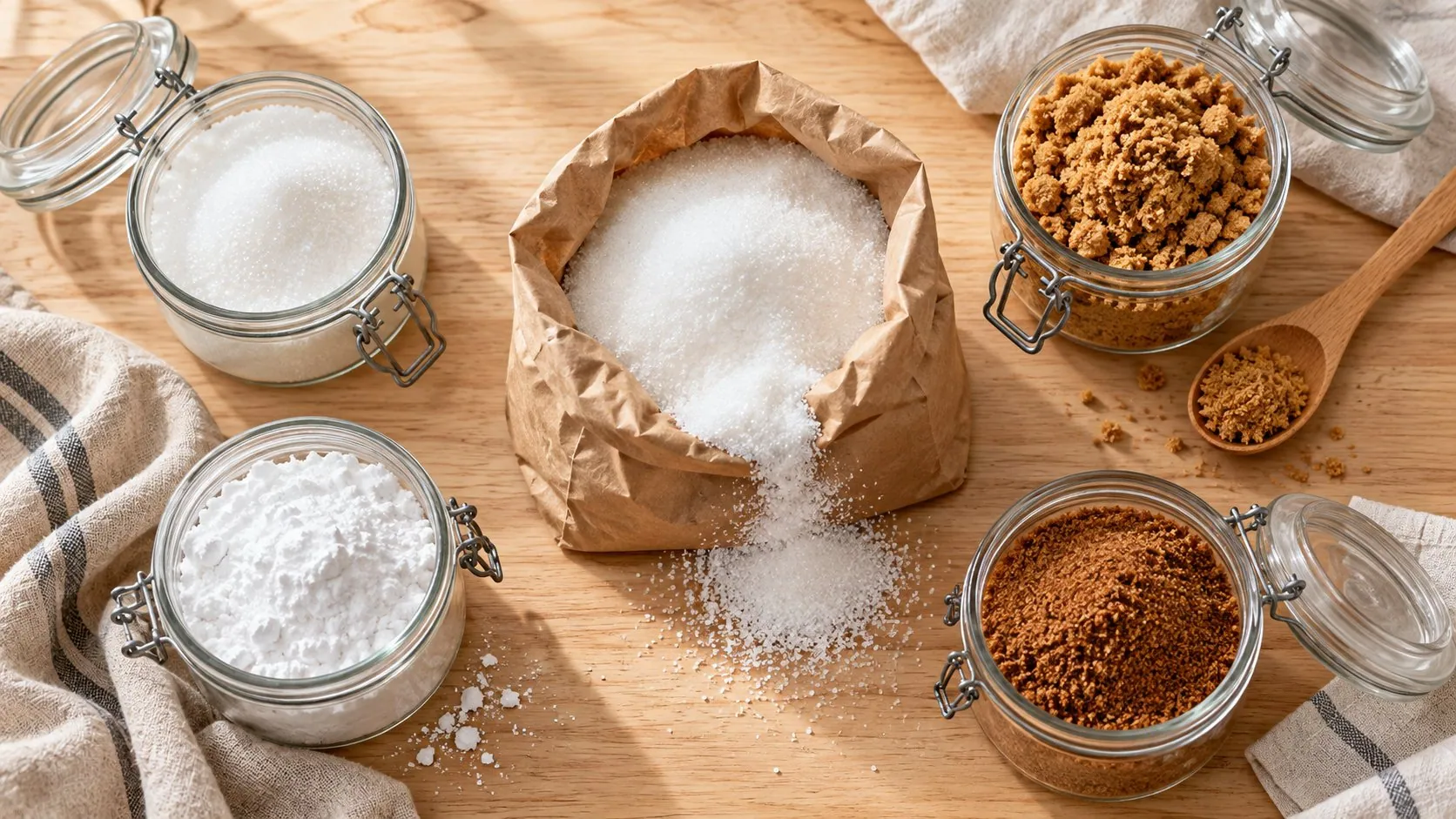 Paper bag of sugar surrounded by jars of white, brown, powdered and coconut sugar.