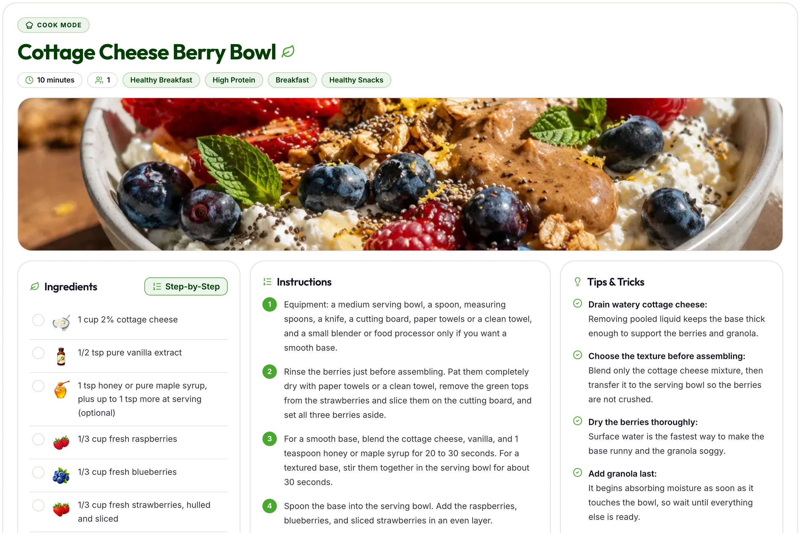 The My Better Plate Cook Mode screen for a Cottage Cheese Berry Bowl, showing the recipe photo, an ingredient checklist with a Step-by-Step button, numbered instructions, and Tips & Tricks.