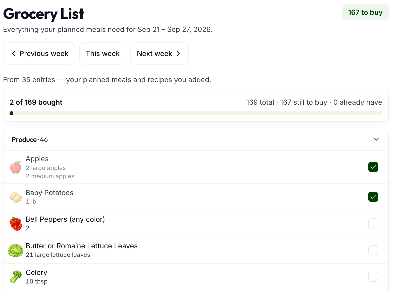 The Grocery List screen listing ingredients from planned recipes, grouped by category with check-off boxes.