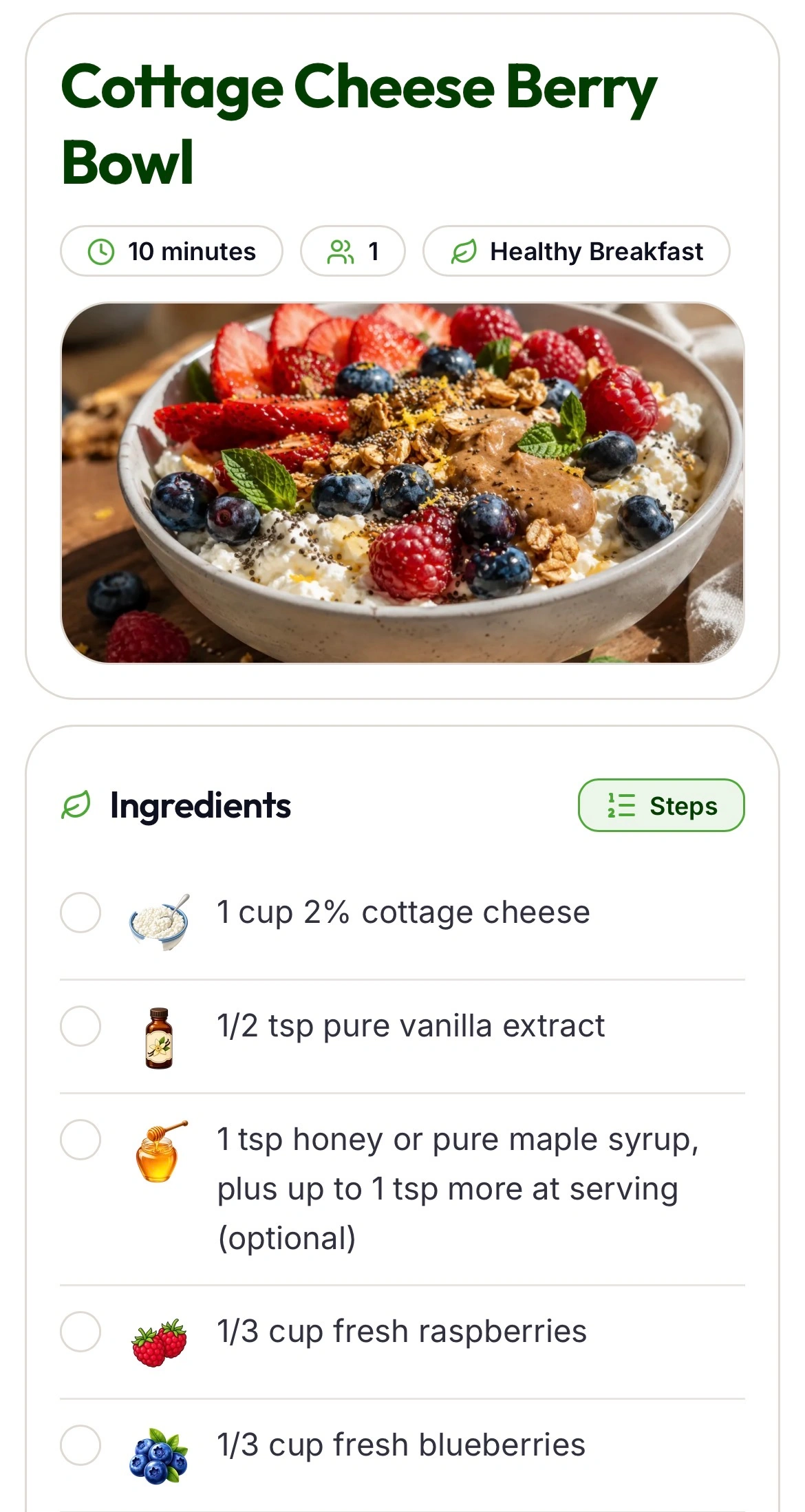 The My Better Plate Cook Mode on a phone for a Cottage Cheese Berry Bowl, showing the recipe photo, cook time and servings, and an ingredient checklist with a Steps button.