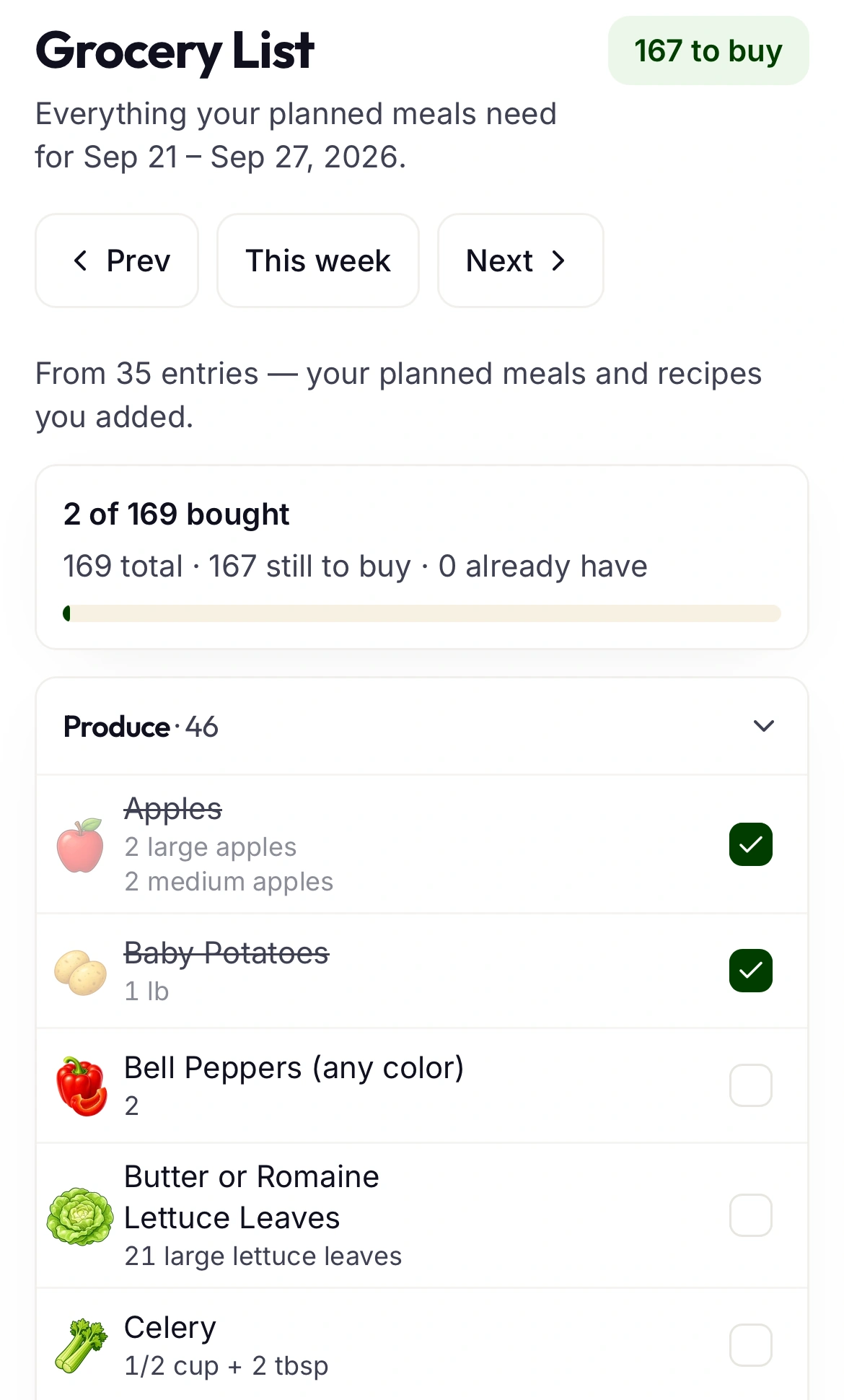 The My Better Plate Grocery List on a phone for September 21 to 27, 2026, with 167 items to buy, a progress bar showing 2 of 169 bought, and a Produce list where apples and baby potatoes are checked off.