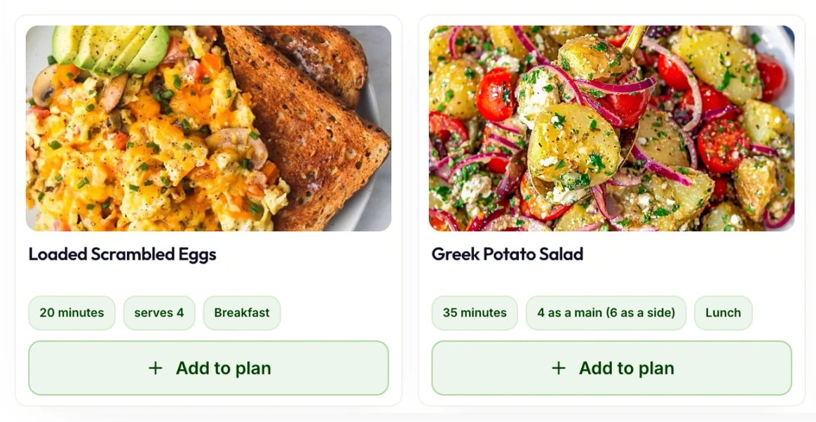 Two imported recipe cards, Loaded Scrambled Eggs and Greek Potato Salad, each with cook time, servings, a meal tag, and an Add to plan button.