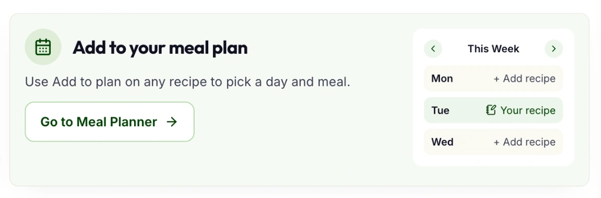 The Add to your meal plan card with a Go to Meal Planner button and a mini weekly planner.