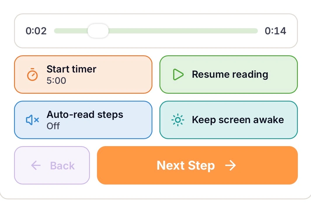 The My Better Plate Step-by-Step controls on a phone, with an audio scrubber at 0:02 of 0:14, Start timer, Resume reading, Auto-read steps, and Keep screen awake buttons, and Back and Next Step buttons.