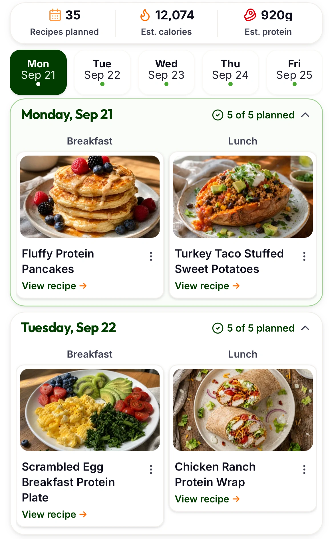 The My Better Plate This Week view on a phone, showing recipes planned with estimated calories and protein, a row of day tabs, and breakfast and lunch recipes for Monday and Tuesday, September 21 and 22.
