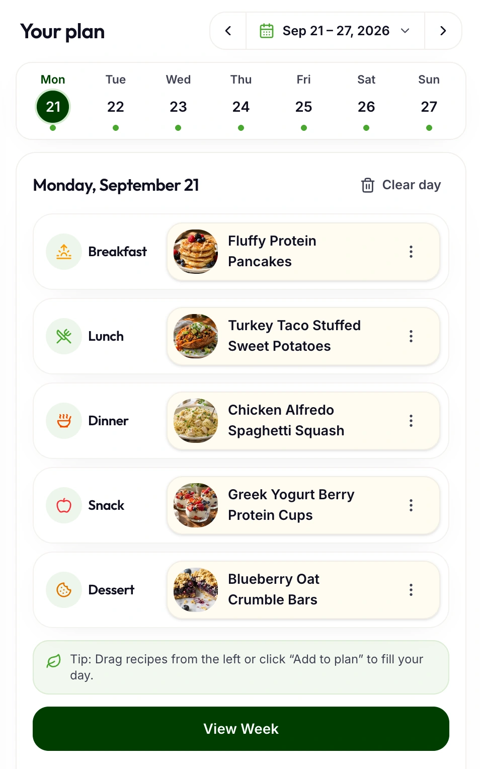 The Your plan panel for Monday, September 21, listing breakfast, lunch, dinner, snack, and dessert recipes with a View Week button.