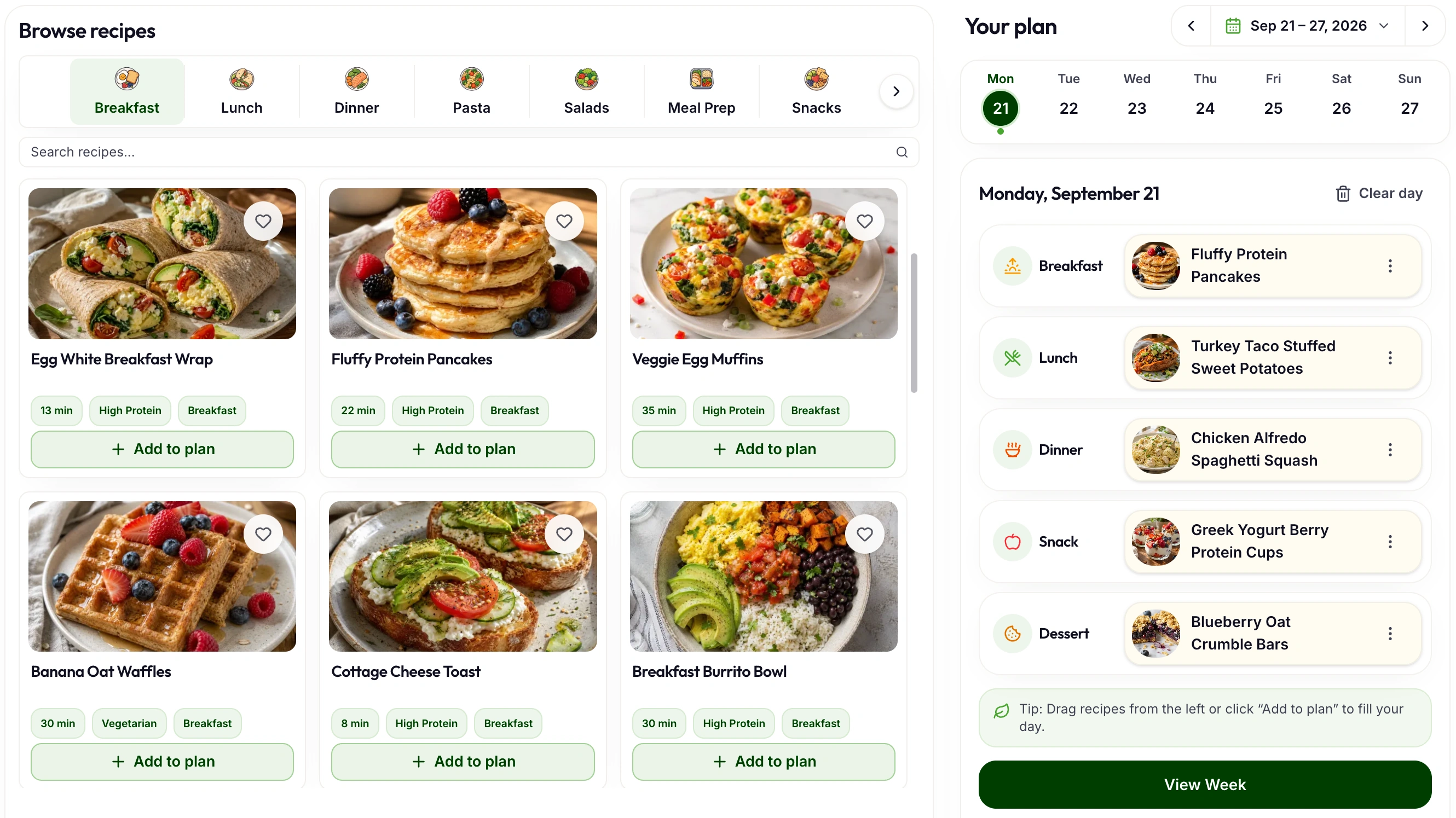 The Plan Meals screen with a browsable recipe list on the left and a daily plan on the right showing breakfast, lunch, dinner, snack, and dessert.