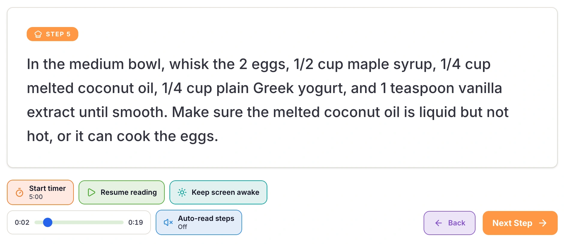 The My Better Plate Step-by-Step view showing Step 5 of a recipe with the instruction read aloud, a Start timer button set to 5:00, a Resume reading button, a Keep screen awake button, an audio scrubber at 0:02 of 0:19, an Auto-read steps toggle, and Back and Next Step buttons.