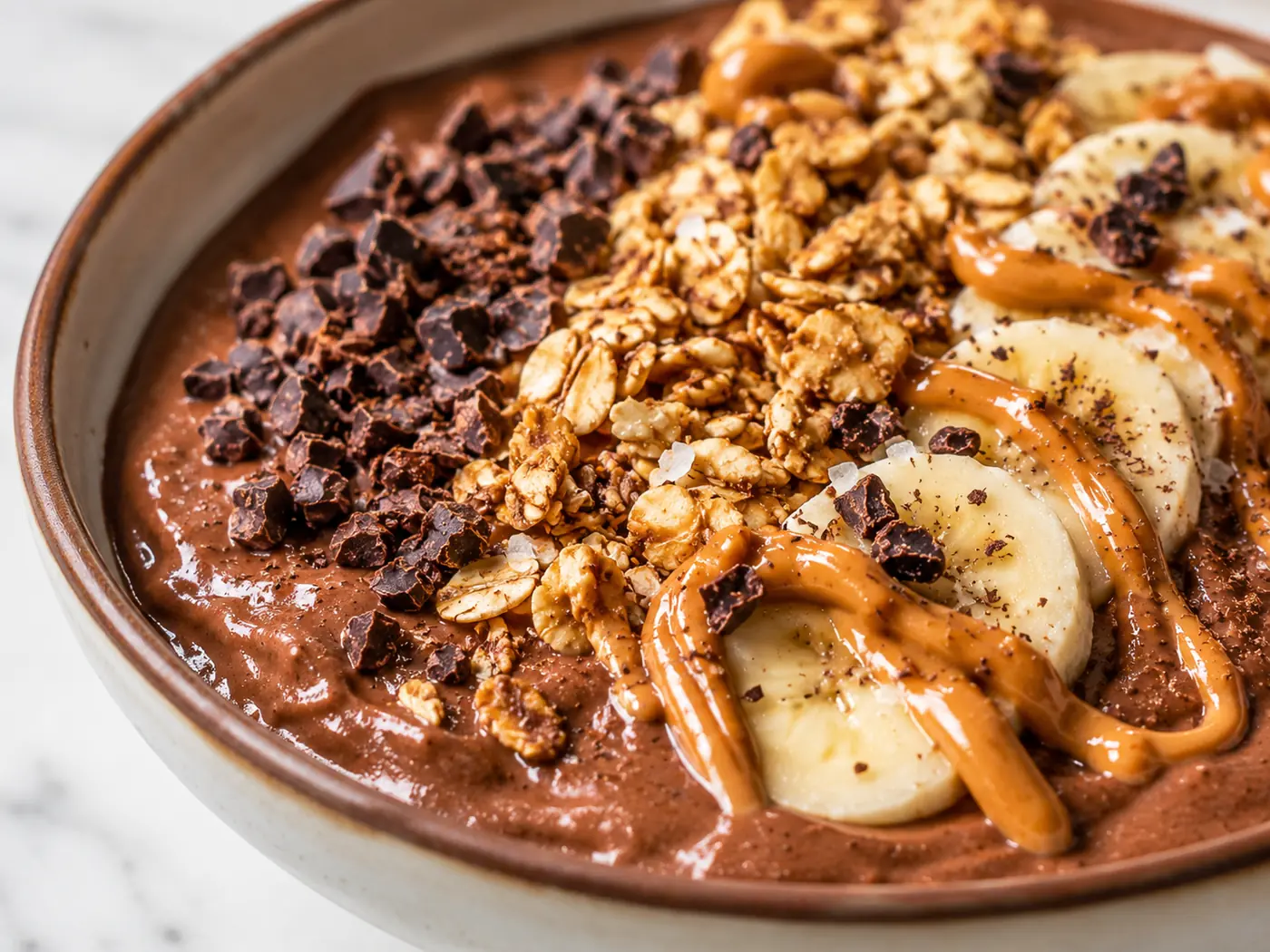 Chocolate Peanut Butter Protein Smoothie Bowl close up