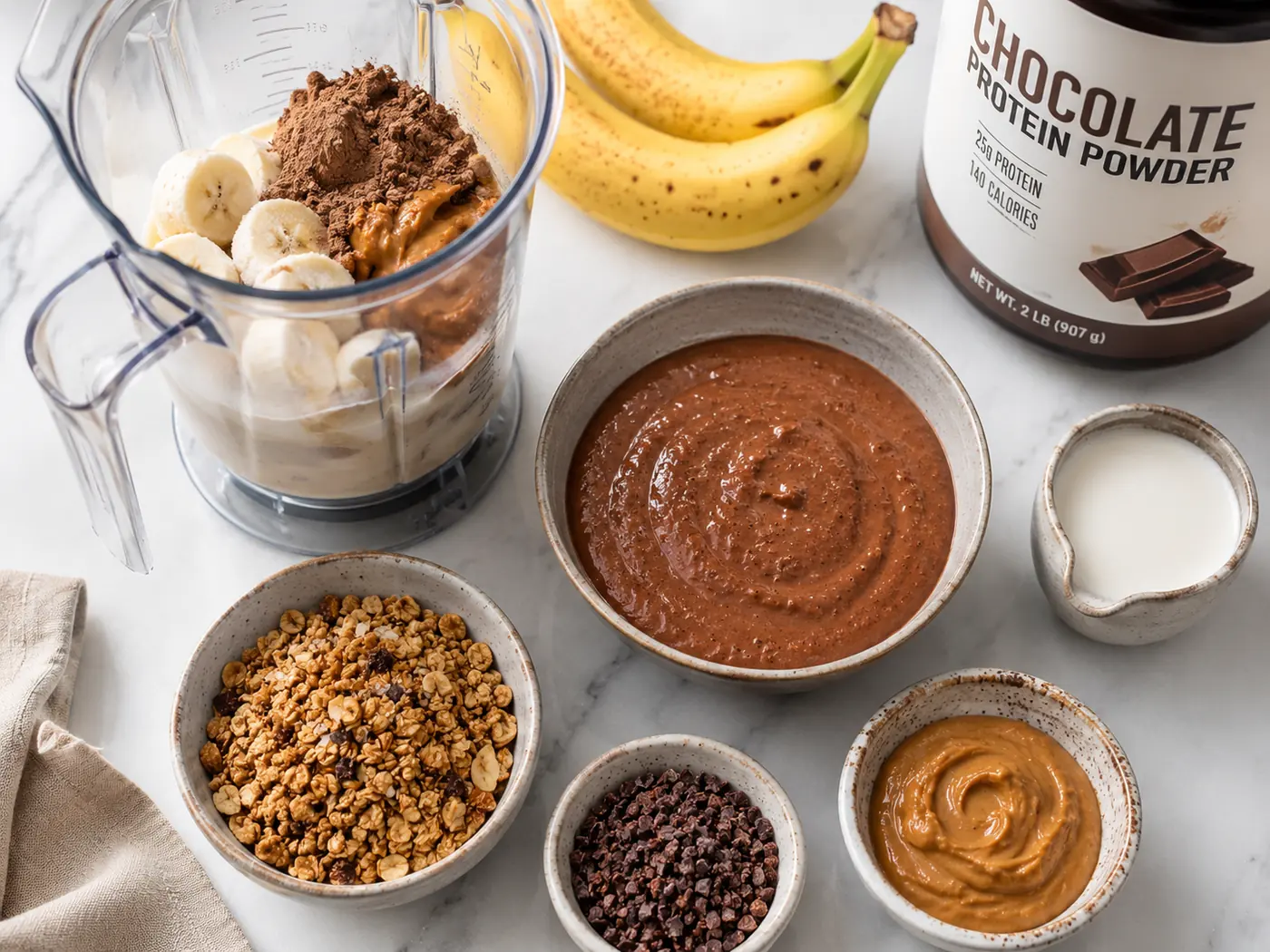 Chocolate Peanut Butter Protein Smoothie Bowl preparation