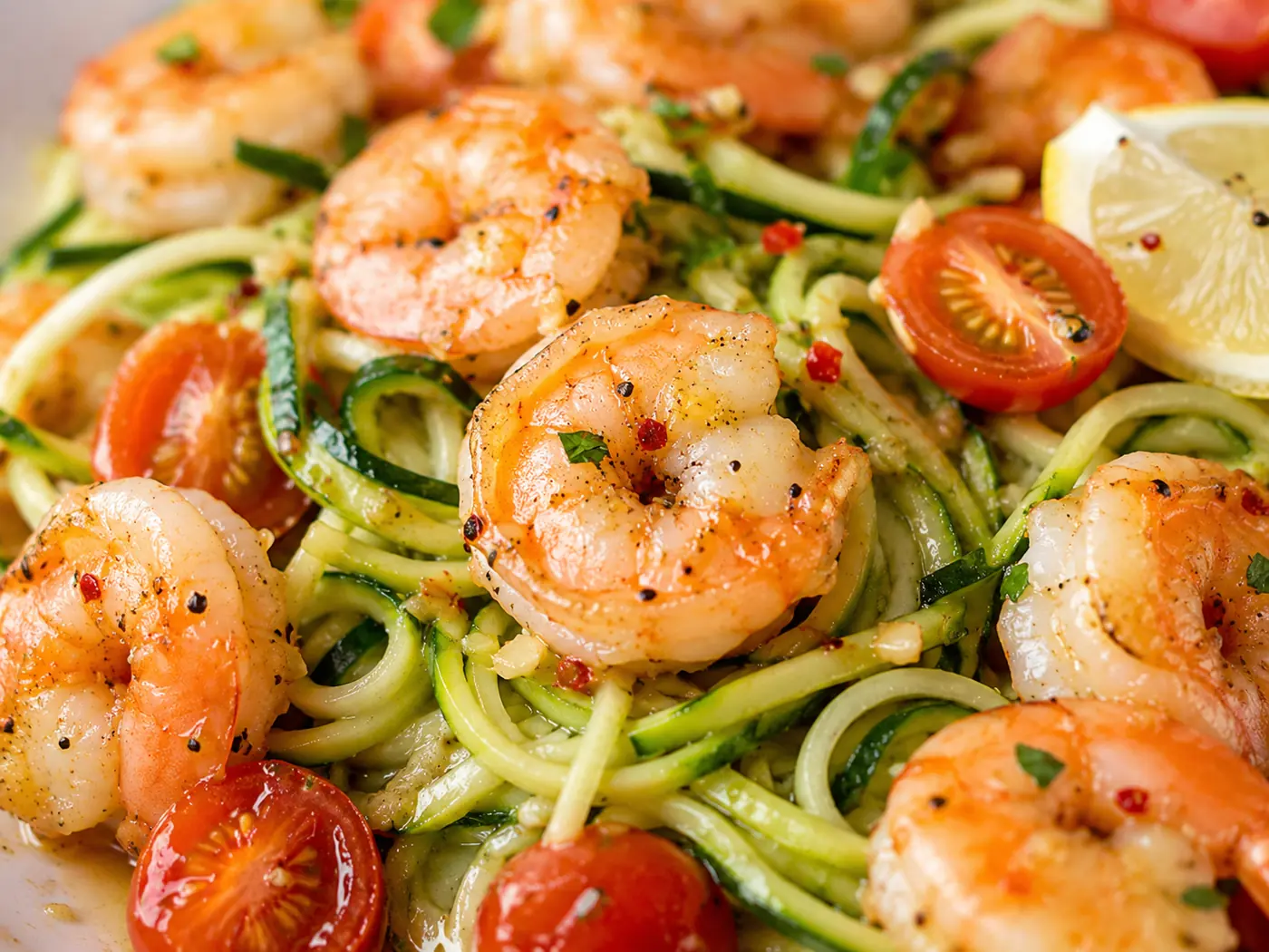 Garlic Shrimp Zucchini Noodles close up