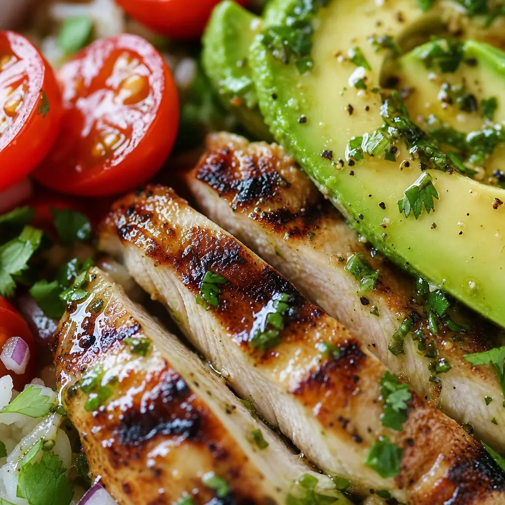 Grilled Chicken Avocado Bowl close up