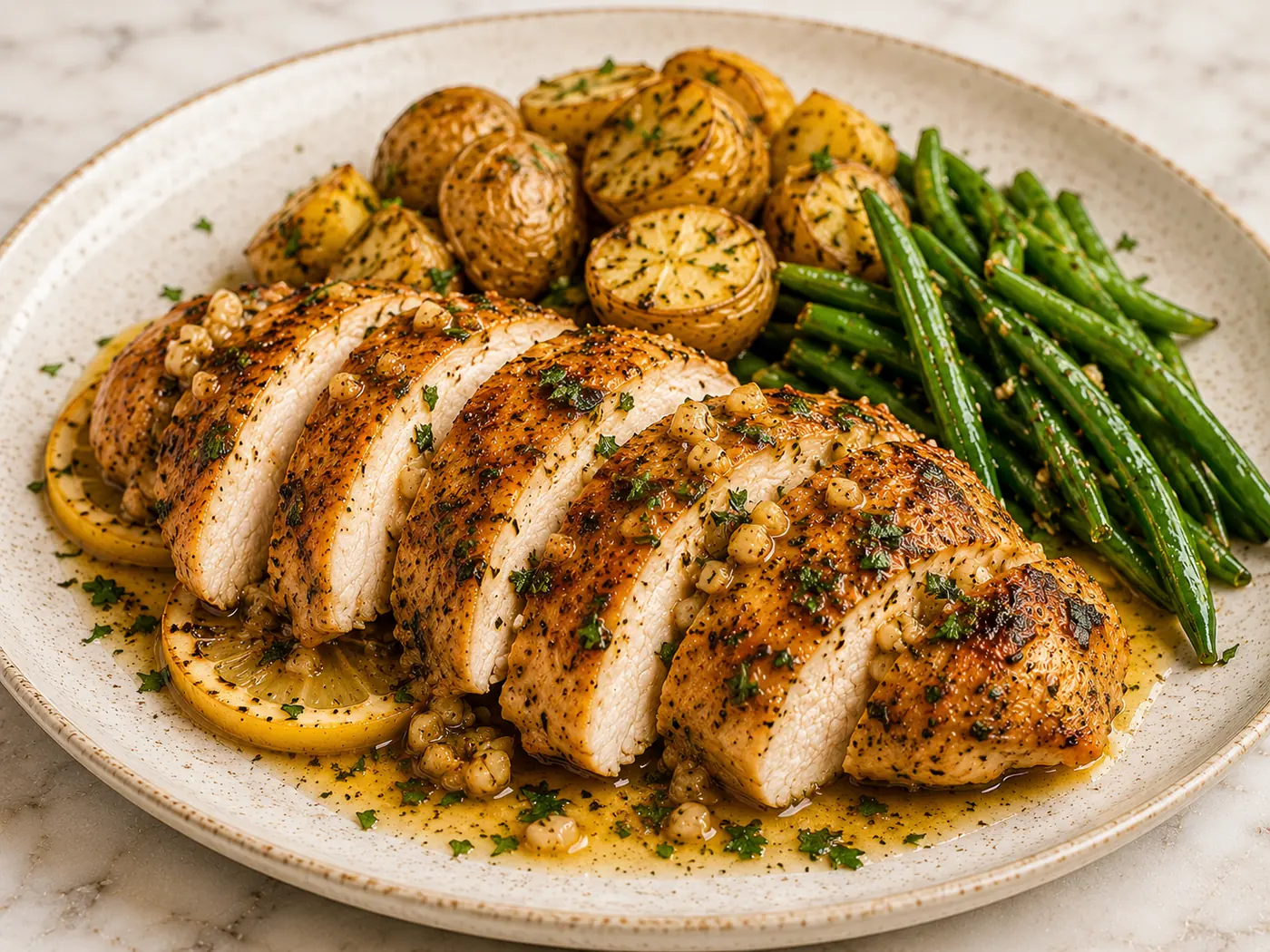 Lemon Garlic Herb Chicken with Roasted Potatoes & Green Beans close up