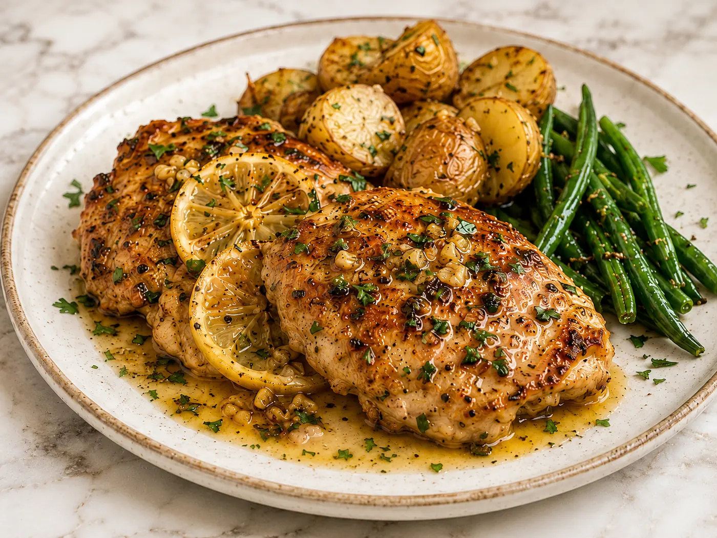 Lemon Garlic Herb Chicken with Roasted Potatoes & Green Beans