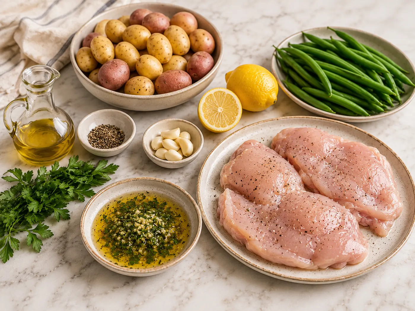 Lemon Garlic Herb Chicken with Roasted Potatoes & Green Beans preparation
